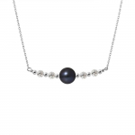 PERLINEA - Collier Perle de Culture d'Eau Douce AAA+ Ronde 9-10 mm Noire - Cristales - Argent 925 Milli&egrave;mes - Bijoux Femme