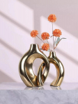 Kuldne keraamiline vaasikomplekt 2-st moodsa kodukaunistuse jaoks, Boho Donut Vases P&otilde;hjamaade minimalistlik kujundusvaas kuldne