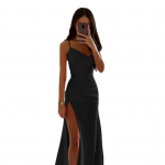 Daami &otilde;htukleit plekiga k&uuml;ljelt l&otilde;hikuga, seljata, &otilde;hukese istuvusega spagetirihmaga maksikleit Madala kaelusega varrukateta A-kujuline libisemiskleit pulmapidustuseks XL aprikoosi