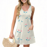 Naiste vabaaja taskutega suvevesti kleit Lillemustriga V-kaelusega varrukateta kleit M