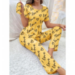 Naiste koduriietus l&uuml;hikeste varrukatega p&uuml;kste pidžaama armastuse mustriga vabaaja ja mugav XS kollane