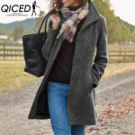 QICED Naiste Vintage Vabaaja ruuduline s&uuml;gis-talvine pikkade varrukatega POLO kaelusega jakid ja mantlid XL hall