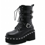 Fashion Sexy Buckle Women's winter high boots Leather Block Heel Gothic Black Punk Style Platform Shoes Female Footwear Women's shoes 35