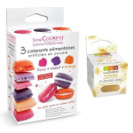 3 colorants alimentaires orange, violet, rose + paillettes dor&eacute;es