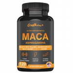 Puhas Ashwagandha ja Maca ekstraktid, 5000 mg portsjoni kohta, sisaldab roosilist rodiolat ja L-teaniini, sobib nii meestele kui ka naistele. 120