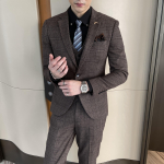 Kvaliteetne Briti-Korea stiilis modifitseeritud ruuduline kolmeosaline &uuml;likond meestele - Stiilne business casual &uuml;likonna vest ja p&uuml;ksid M pruun