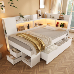 Diivanvoodi 90x200 cm Valge &Uuml;hekohaline Noortevoodi, Puitmaterjalist, LED-valgustus, USB ja Type-C laadimine, Riiulid ja Sahtlid, sh. Liistraam (ilma madratsita) 223 x 112 x 95 cm valge