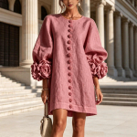 Naiste lina mini tuunika kleit &uuml;mmarguse kaelusega balloonpikkade varrukatega 3D lillekujuliste mansettidega lillekinnitustega lai tegumood elegantne boho suvine rannapeo l&uuml;hike kleit 3XL virsik