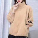 S&uuml;gis- ja talvine naiste l&uuml;hike kootud kardigan, mis ei kao karusnahast naarits samet, lahtine mantel, paksendatud &uuml;laosa XL kaamel