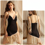 Seksikas naiste &ouml;&ouml;s&auml;rk Satin Sling Sleepwear Patchwork Lace &Ouml;&ouml;r&otilde;ivad S must