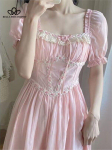 Suvine Naiste Roosa Magus Peokleit Ruudukujuline Kaelus Patchwork Vestidos Feminine Puhvis Varrukas Vibu Pael Elegantne Kleit S roosa