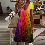 Suvemood naiste V-kaelusega l&uuml;hikeste varrukatega vikerkaare triipudega, s&auml;delevate t&auml;htedega, tr&uuml;kitud kleit, sekskleit 8XL lilla