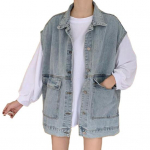 Varrukateta laia &otilde;laga teksavest naiste &uuml;herealine klapitaskud vabaaja kardiganvest S sinine