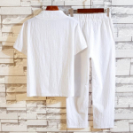 Puuvillase linase segu Retro elegantne kaheosaline vabaaja V-kaelusega Henry pikkade varrukatega s&auml;rk, p&uuml;ksid, s&uuml;giskomplekt XXXXXL valge