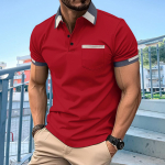 New men's casual POLO shirt chest pocket V-neck button striped colour blocking T-shirt loose tops S must