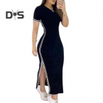 Suvine naiste kleit O-kaelusega k&uuml;ljel&otilde;hikuga slim fit &uuml;hev&auml;rviline l&uuml;hikeste varrukatega triibuline skinny pahkluuni pikkusega vabaaja t&ouml;&ouml;le s&otilde;itmise maksikleit L must