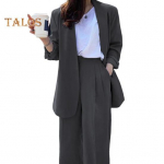 2 tk/komplekt Lady pidulik mantlip&uuml;kste komplekt pikkade varrukatega avatud &otilde;mblemisega kardigan keskmise pikkusega jope lahtine sirge laia s&auml;&auml;rega k&otilde;rge v&ouml;&ouml;kohaga p&uuml;ksid ametlikud &auml;ri S must