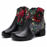 Naiste ehtsast nahast saapad 2024 Mood k&auml;sitsi valmistatud retrosaapad K&otilde;rged kontsad Poolsaapad Naiste veisenahast lillelised kingad 225 must