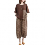 2 tk/komplekt naiste T-s&auml;rkide p&uuml;kste komplekti O-kaelusega l&uuml;hikeste varrukatega, patchwork-tr&uuml;kitud &uuml;laosaga, elastse v&ouml;&ouml;kohaga, laia s&auml;&auml;rega, pluss-suuruses p&uuml;ksid, vabaaja igap&auml;evane riietus XL kohv