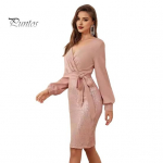 Naiste pidulik kleit V-kaelusega slim fit kleit pikkade varrukatega litritega paeltega v&ouml;&ouml;kohaga p&otilde;lvepikkune minikleit kontoribanketiks &auml;rireisiks M roosa