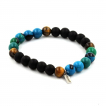 Pierres et Min&eacute;raux. Bracelet Perles Chrysocolle + Oeil de Tigre + Onyx noir mat 8 mm. Fabriqu&eacute; en France.