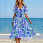 Naiste suvine mood V-kaelusega laienev kleit l&uuml;hikeste varrukatega lillelised kleidid L sinine