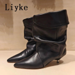Mood Liyke Vintage Terava Ninaga Volditud Nahast Saapad Naistele Kummalised Madalad &Otilde;hukesed Kontsad Kingad Pahkluusaapad Naistele Zapatos De Mujer 35 must