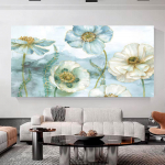 Moodsad lillelised valged sinised akvarellplakatid seinale, l&otilde;uendile maalitud pildid, elutoa sisustus, kodukaunistamine 50x100cm