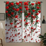 2 t&uuml;kki punase roosiga tr&uuml;kitud kardinaid, tunneliga kardinad 42*84, magamistuba ja elutuba, kodu kaunistus, ruumi kaunistus 14Wx47L(35x120CM)x2 black