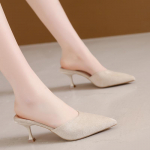 Naiste k&otilde;rged kontsad, pl&auml;tud, terava varbaga, tahke kitseneva kontsaga hingav Korea stiilis mugavad kulumiskindlad suvekingad Sandaalid 35 beež