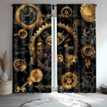 2 tk Steampunk Vintage Kunstkardinad - T&ouml;&ouml;stuslik Must Kuldsete Hammasrataste ja Kellade Disainiga Pooll&auml;bipaistev Pol&uuml;ester Masin 100*130 Grommet Top 1pcs