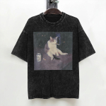 Suitsetav Kass Vintage Paksud Kassid Retro 90ndate T-s&auml;rk Pestud 100% Puuvill Harajuku T-s&auml;rgid Vabaaja Meeste Naiste Streetwear Tr&uuml;kitud T-s&auml;rgid M black