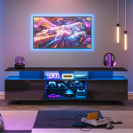 160*40*45cm Televiisikapp, Alus 2 kapiga, K&otilde;rgl&auml;ikega LED-valgusribaga, Meediakeskus 8 riiuliga, MDF, 70-tolline televiisor, Must 160 x 40 x 45 cm must