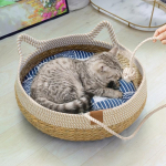 Suur k&auml;sitsi kootud kassivoodi Talvine soe pesa Sisekassidele Looduslikust rookiibrist Lemmikloomamaja Aastaringselt kasutatav Cat Style Blue Striped with Hood