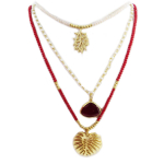 Les Tr&eacute;sors De Lily [Q5603] - Collier sautoir artisanal 'Cl&eacute;opatra' rouge dor&eacute; (monstera) - 90 cm- 55x40 mm (3 rangs) punane