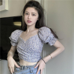 Trend Naiste lillelised seksikas k&auml;rbitud l&uuml;hikeste puhvisvarrukatega V-kraega Pullover Vintage stiilis T-s&auml;rgid Suvised liibuvad t-s&auml;rgid M lilleline