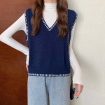 Kootud kampsun naiste pullover vest v&auml;limine riietus s&uuml;gis-talvel l&uuml;hike mood v kaelusega varrukateta t&auml;iesti sobiv kohviv&auml;rvi vest One Size tumesinine v&auml;rv