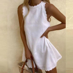 Moodne varrukateta soliidne mini-seksikas minikleit naiste suvine O-kaelusega volangidega puuvillane linane kleit 2023 vabaaja valge kleit-mantel 25672 XXL