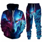 V&auml;rviline Wolf 3D Prinditud kapuutsiga &uuml;likond Meeste vabaaja Pullover Dressip&uuml;ksid Kaheosaline komplekt Lahe Streetwear Couple Jogger dresssuit S