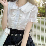 Kawaii Lolita pluusid, valged naiste armsad pitsist topsid volangidega s&auml;rgid Vintage puhvis varrukatega Jaapani preppy stiilis magusad topid S valge