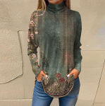 Naiste T-s&auml;rgid S&uuml;gises vabaaja pikkade varrukatega s&auml;rgid Vintage tr&uuml;kitud k&otilde;rge kaelusega pullover L