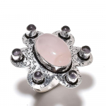 Natural Rose Quartz, Amethyst Gemstone 925 Sterling Silver Ring Size 9.5 h7i93