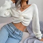 Pikkade varrukatega Knotted Midriff-baring Kootud kampsun S valge