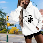 Naiste Love Dog Claw Print Lahtised kapuutsiga topid Pluus Pusa vabaaja pikkade varrukatega pullover Topid 3XL valge