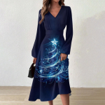 Naiste s&uuml;gis- ja talvine vabaajamoodne V-kaelusega pikkade varrukatega pikk kleit S sinine