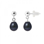 PERLINEA - Boucles d'Oreilles Com&egrave;te - V&eacute;ritables Perles de Culture d'Eau Douce Noires Poires 6-7 mm Gold - Poussettes Silicones - O