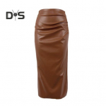 Imitation Leather Midi Skirt Women Versatile Solid Color Hip-Hugging Skirt with Slit Pleated Design Daily Wear S kaamel