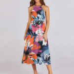 Naiste vabaaja &uuml;mara kaelusega midi kleit, p&otilde;hiline klassikaline v&auml;ljas igap&auml;evane varrukateta lahtine boho sidumiskleit, suvine rannakleit L armee roheline v&auml;rv