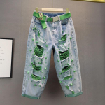 V&auml;rvilised augud teksad naiste moe helmed k&otilde;rge v&ouml;&ouml;kohaga lahtised teksap&uuml;ksid vabaaja &otilde;hukesed &uuml;lisuured k&auml;rbitud p&uuml;ksid suvised Harlani p&uuml;ksid S roheline