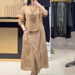 Naiste Kaheosaline Komplekt Naiste Suvine Linane R&otilde;ivakomplekt L&uuml;hikeste Varrukatega Top Midi Seelik Elegantne 2-osaline Vabaaja Komplekt Daamidele L khaki